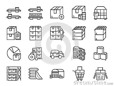 Stockpile line icon set. Included icons as boxes, container, inventory, supplies,Â stock up, food and more. Vector Illustration